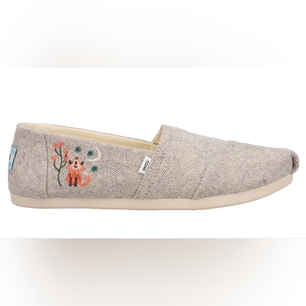 TOMS Women's Size 9.5 Canvas Alpargata Slip On Flats with embroidered fox & moon